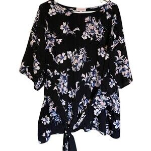 Molly & Isadora Blouse  Women's Size 2X Tie Short Sleeve Black Blue Floral USA